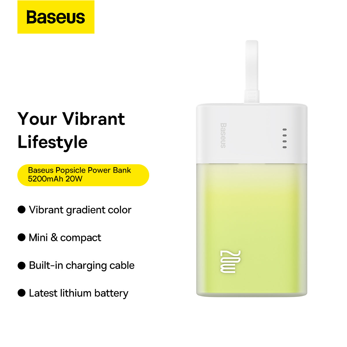 Baseus Power Bank Mini, chargeur portable 5200 mAh, câble USB-C intégré, chargement rapide PD 20 W, léger, port USB-C, mignon et pratique, compatible avec les appareils Galaxy, Sony et Google Type-C (vert)- P10055601613-01