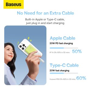 Baseus Power Bank Mini, chargeur portable 5200 mAh, câble USB-C intégré, chargement rapide PD 20 W, léger, port USB-C, mignon et pratique, compatible avec les appareils Galaxy, Sony et Google Type-C (vert)- P10055601613-01