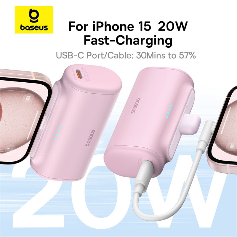 Baseus Compact Series 5000 mAh Fast Charging Power Bank 20 W PD Avec Connecteur Type-C intégré | Pocket Power Bank pour Voyage - pink- P10068306413-00