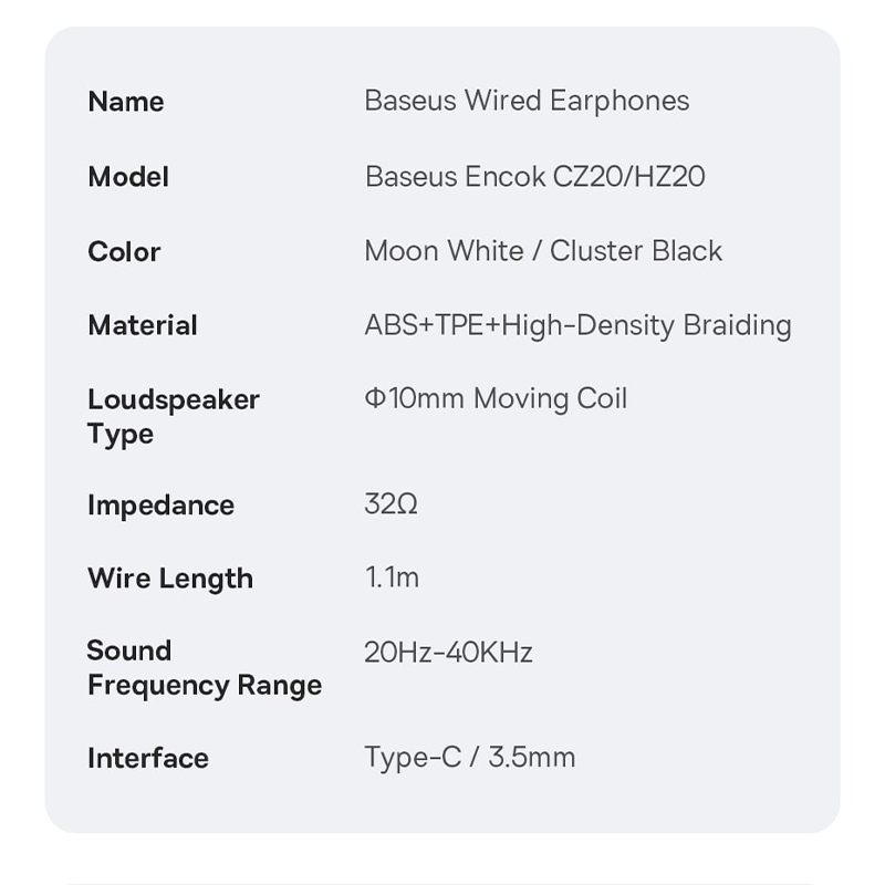 🎧 Baseus Encok CZ20 – Écouteurs Filaire Intra-Auriculaires Type-C-A00171400213-00