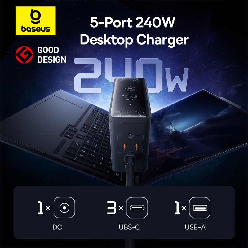 Baseus Chargeur 240W – 3x USB-C + 1x USB-A + 1x DC + Câble 1m (Noir - P10163901113-00)