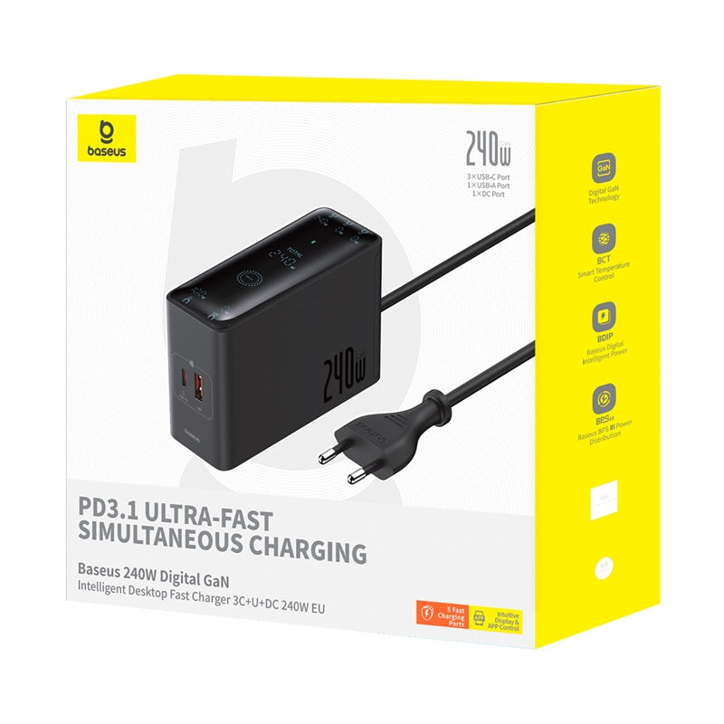 Baseus Chargeur 240W – 3x USB-C + 1x USB-A + 1x DC + Câble 1m (Noir - P10163901113-00)
