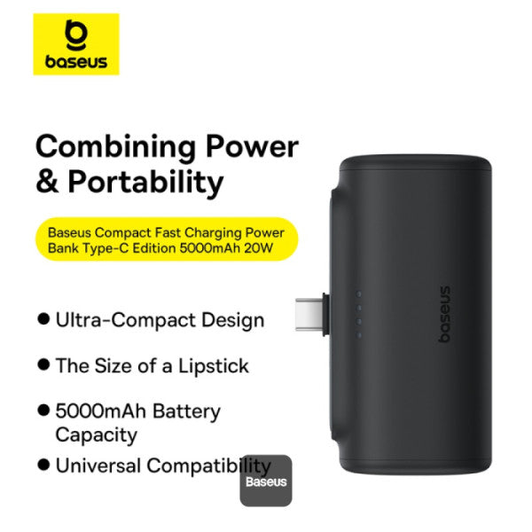 Baseus Compact Series 5000 mAh Fast Charging Power Bank 20 W PD Avec Connecteur Type-C intégré | Pocket Power Bank pour Voyage - Noir - P10068306113-00