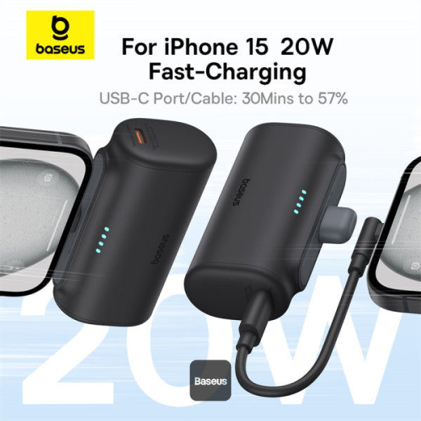 Baseus Compact Series 5000 mAh Fast Charging Power Bank 20 W PD Avec Connecteur Type-C intégré | Pocket Power Bank pour Voyage - Noir - P10068306113-00
