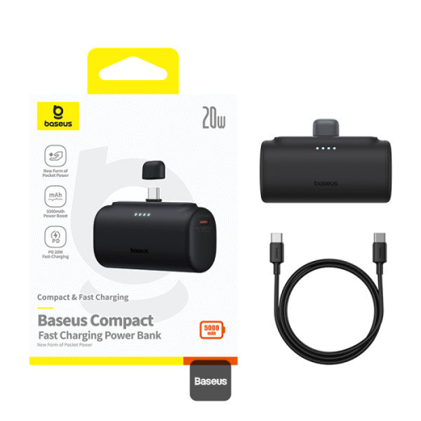 Baseus Compact Series 5000 mAh Fast Charging Power Bank 20 W PD Avec Connecteur Type-C intégré | Pocket Power Bank pour Voyage - Noir - P10068306113-00