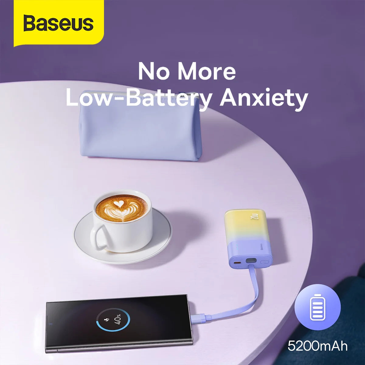 Baseus Power Bank Mini, chargeur portable 5200 mAh, câble USB-C intégré, chargement rapide PD 20 W, léger, port USB-C, mignon et pratique, compatible avec les appareils Galaxy, Sony et Google Type-C (VIOLET) - P10055601513-00