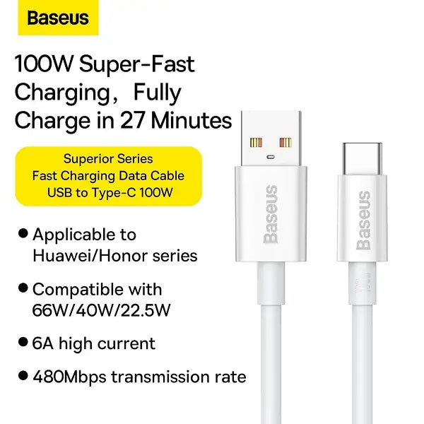 Cable baseus USB to Type-C, 100W, 6A,1m White/ Superior Series Cable/CAYS001302