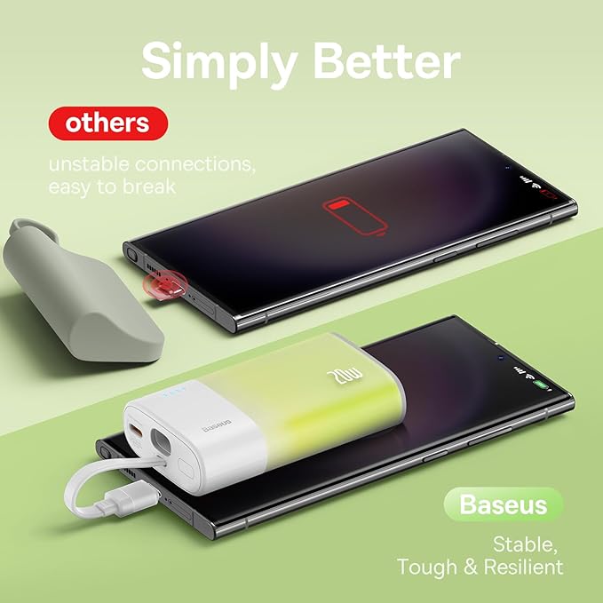 Baseus Power Bank Mini, chargeur portable 5200 mAh, câble USB-C intégré, chargement rapide PD 20 W, léger, port USB-C, mignon et pratique, compatible avec les appareils Galaxy, Sony et Google Type-C (vert)- P10055601613-01