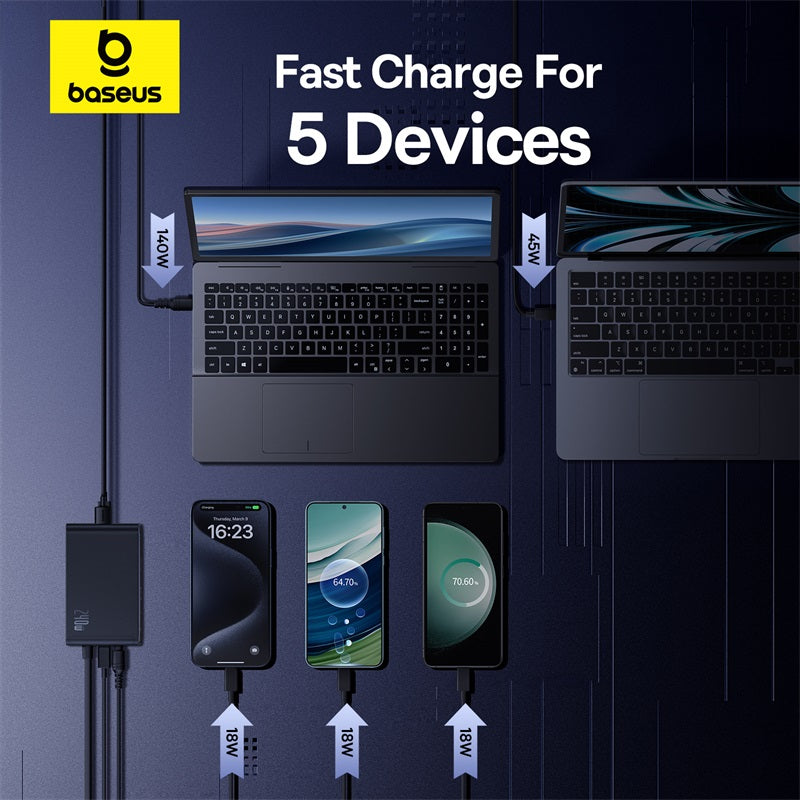 Baseus Chargeur 240W – 3x USB-C + 1x USB-A + 1x DC + Câble 1m (Noir - P10163901113-00)