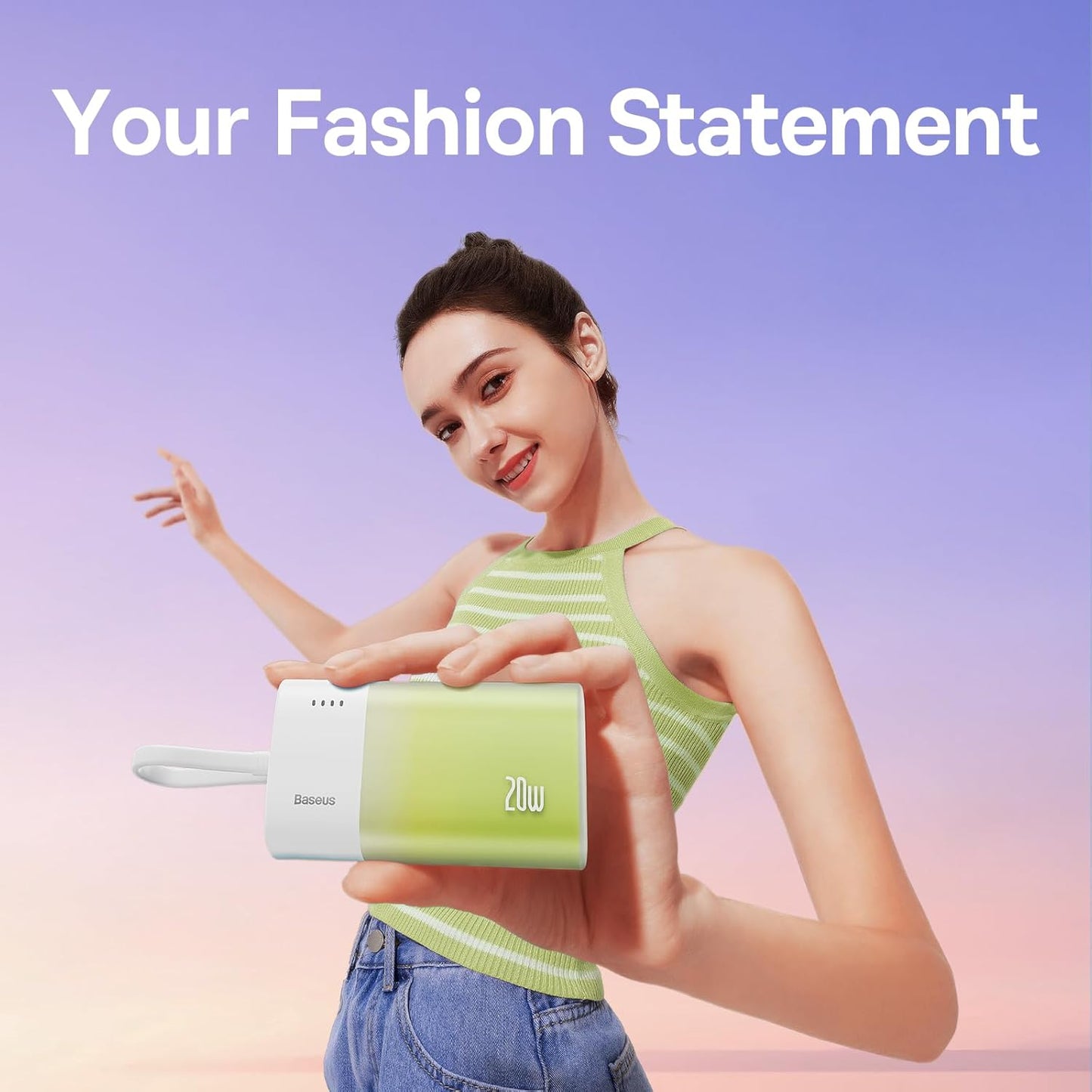 Baseus Power Bank Mini, chargeur portable 5200 mAh, câble USB-C intégré, chargement rapide PD 20 W, léger, port USB-C, mignon et pratique, compatible avec les appareils Galaxy, Sony et Google Type-C (vert)- P10055601613-01