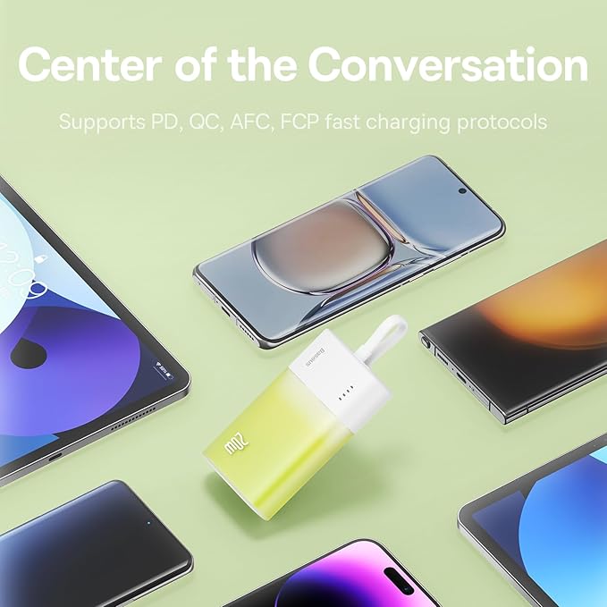 Baseus Power Bank Mini, chargeur portable 5200 mAh, câble USB-C intégré, chargement rapide PD 20 W, léger, port USB-C, mignon et pratique, compatible avec les appareils Galaxy, Sony et Google Type-C (vert)- P10055601613-01