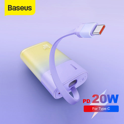 Baseus Power Bank Mini, chargeur portable 5200 mAh, câble USB-C intégré, chargement rapide PD 20 W, léger, port USB-C, mignon et pratique, compatible avec les appareils Galaxy, Sony et Google Type-C (VIOLET) - P10055601513-00