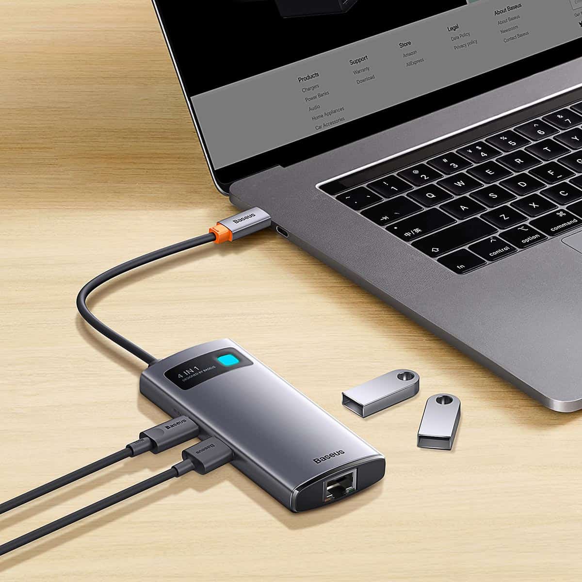 Baseus Adaptateur HUB 4-en-1 USB-C vers 3 × USB 3.0 + 1 × RJ45 – Gris (WKWG070113)