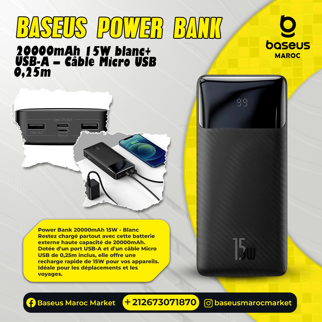 Power Bank Baseus 20000mAh 15W 2xUSB, USB-C- Black – PPDML-J01