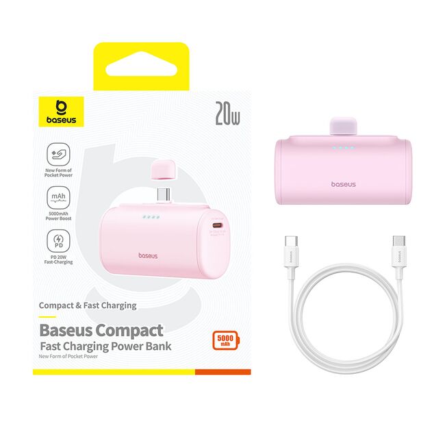 Baseus Compact Series 5000 mAh Fast Charging Power Bank 20 W PD Avec Connecteur Type-C intégré | Pocket Power Bank pour Voyage - pink- P10068306413-00