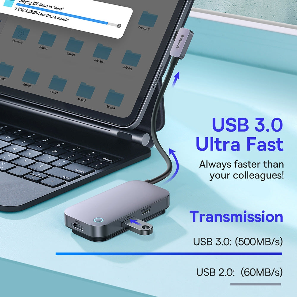 Baseus Adaptateur HUB 4 en 1 USB-C / Type-C vers USB3.0 + HDMI + USB-C / Type-C + Jack – WKWJ000013