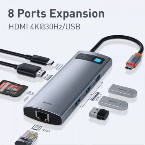 Baseus Adapteur 8-in-1 Type-C HUB / Type-C to HDMI*1 / VGA*1 /USB3.0*3 / Type C PD*1 / SD&TF*1 – gris-WKWG050013