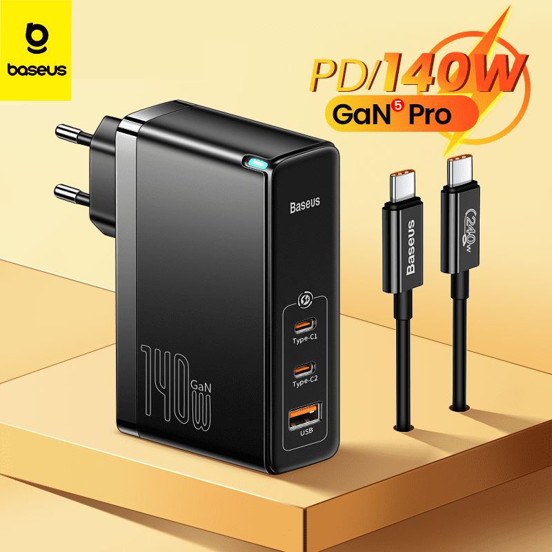 Baseus Chargeur 140W 2x Type-C/ 1XUSB EU Noir Avec Cable Type-C to Type-C 240WNoir-CCGP100201