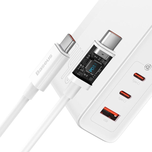 Baseus Chargeur Pro 2C+U 140W EU Blanc Avec Cable TYPE-C vers TYPE-C 240W 48V/5A 1M Blanc-ccgp100202