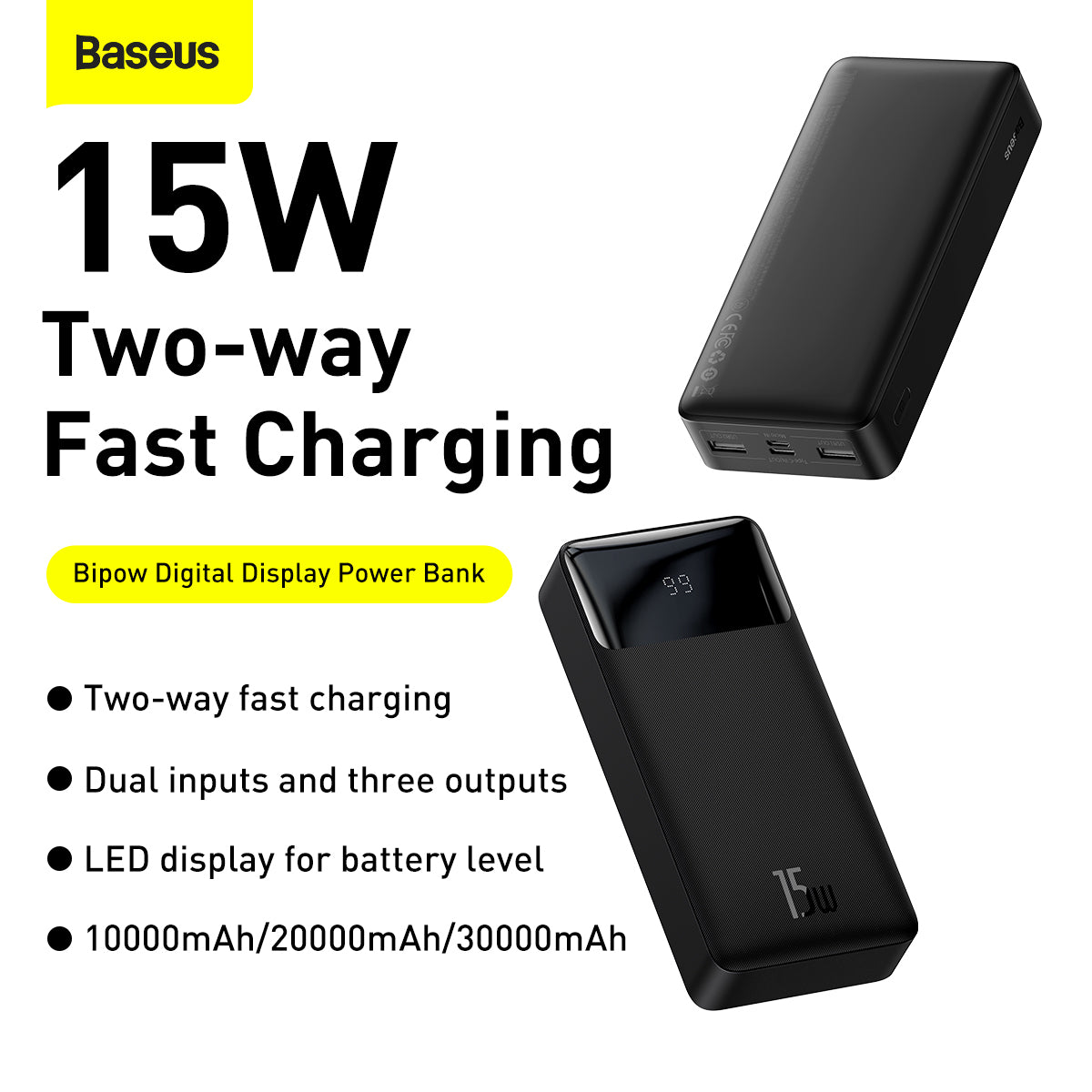 Power Bank Baseus 20000mAh 15W 2xUSB, USB-C- Black – PPDML-J01
