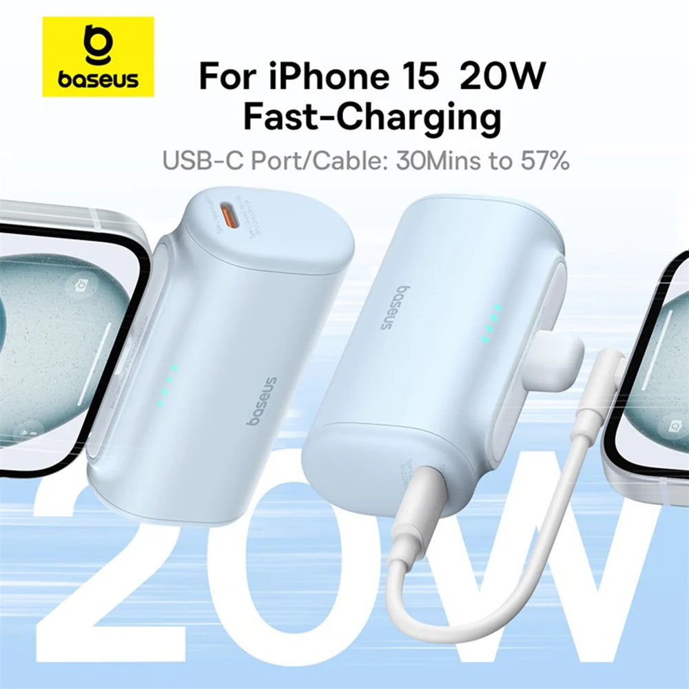 Baseus Compact Series 5000 mAh Fast Charging Power Bank 20 W PD Avec Connecteur Type-C intégré | Pocket Power Bank pour Voyage - beu-P10068306313-00
