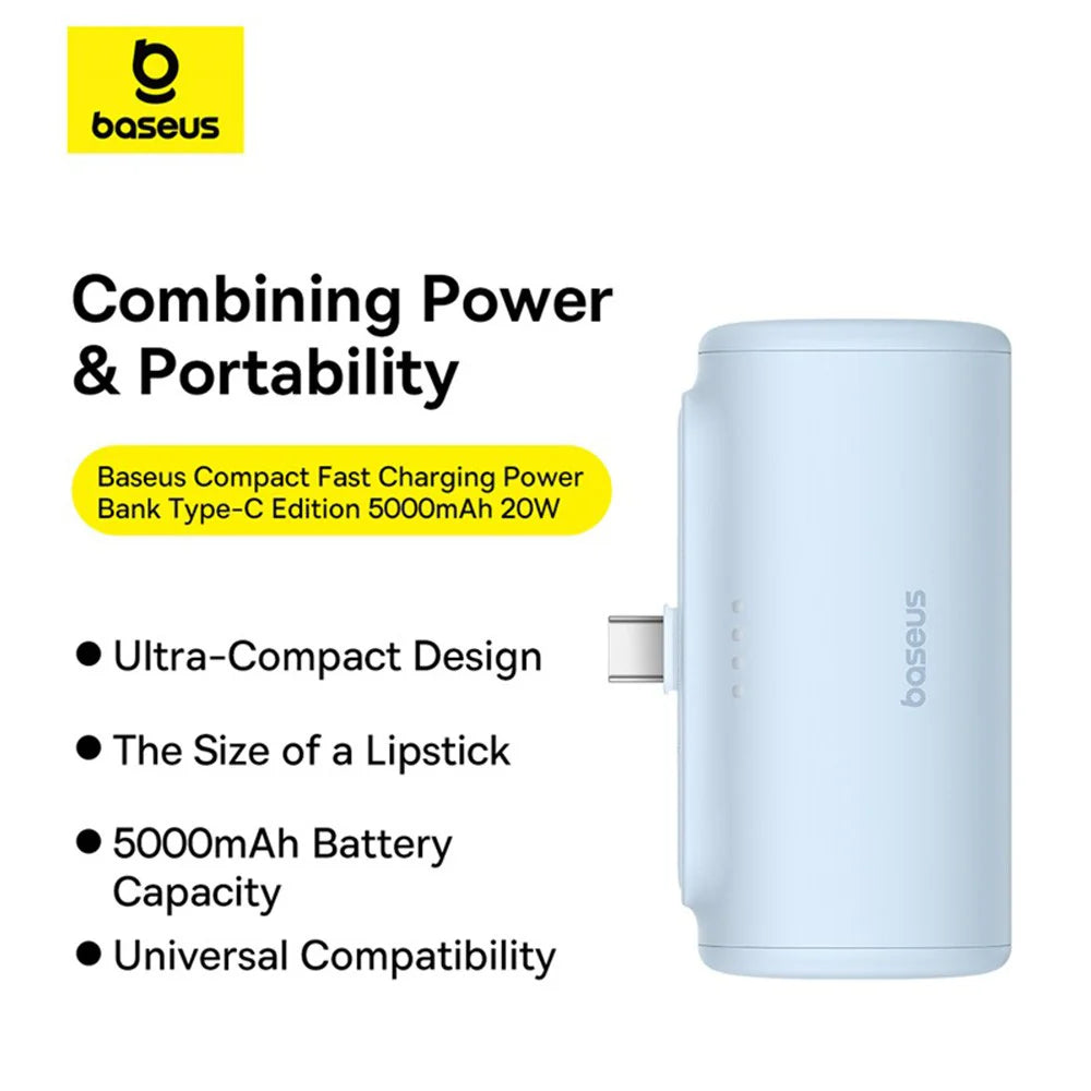 Baseus Compact Series 5000 mAh Fast Charging Power Bank 20 W PD Avec Connecteur Type-C intégré | Pocket Power Bank pour Voyage - beu-P10068306313-00