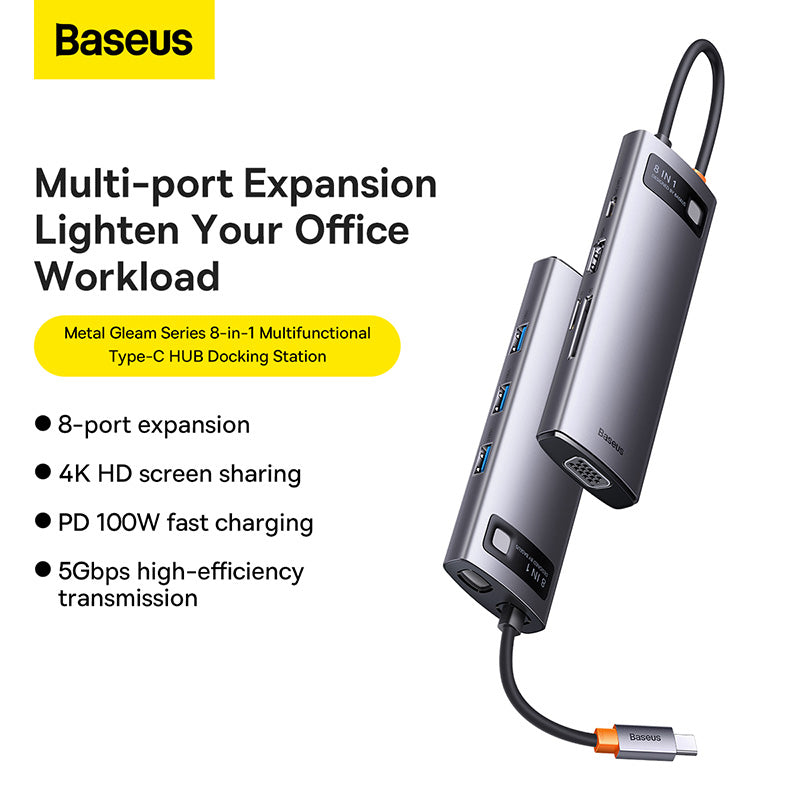 Baseus Adapteur 8-in-1 Type-C HUB / Type-C to HDMI*1 / VGA*1 /USB3.0*3 / Type C PD*1 / SD&TF*1 – gris-WKWG050013