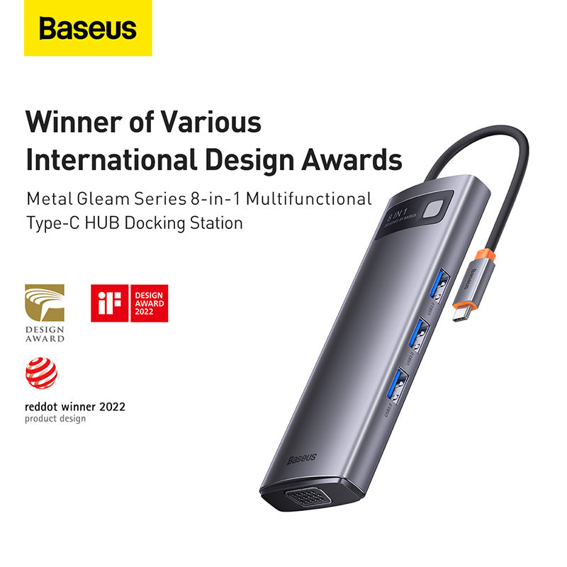 Baseus Adapteur 8-in-1 Type-C HUB / Type-C to HDMI*1 / VGA*1 /USB3.0*3 / Type C PD*1 / SD&TF*1 – gris-WKWG050013