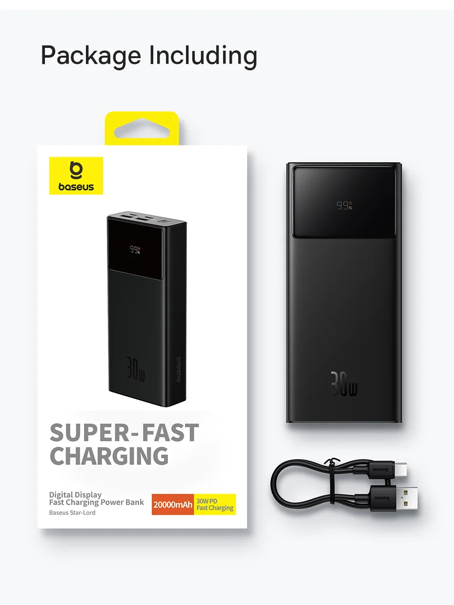 Powerbank  Baseus 20000mAh 30W Black Avec Cable USB vers TYPE-C 3A/0.3M Noir-p10022904113-00