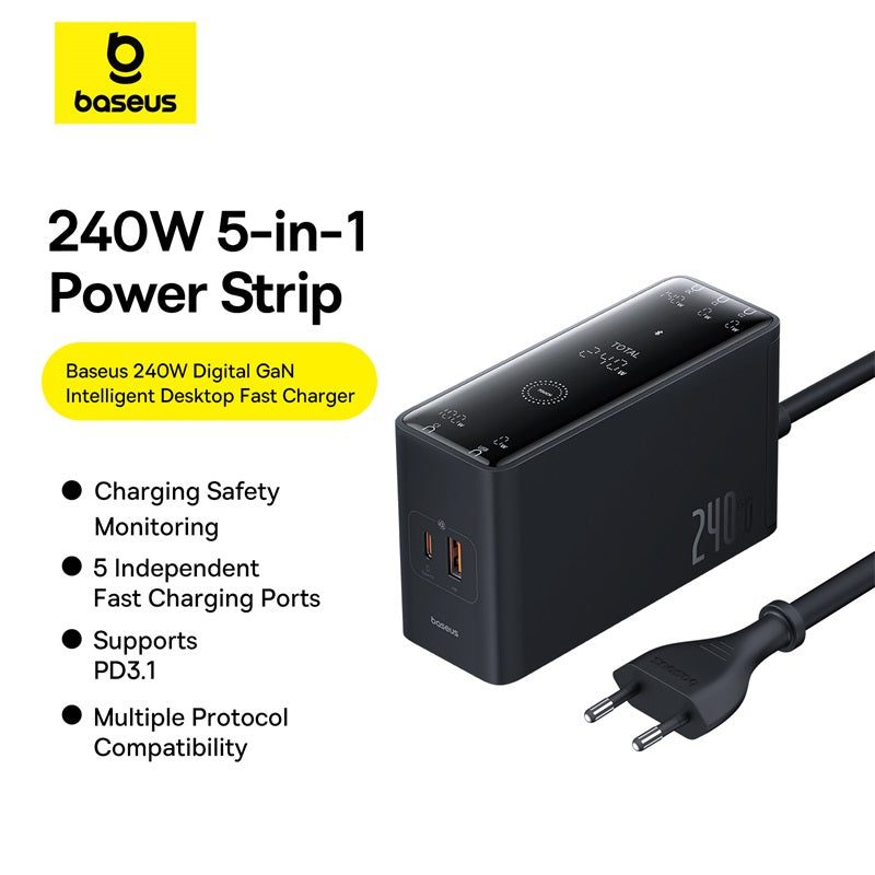 Baseus Chargeur 240W – 3x USB-C + 1x USB-A + 1x DC + Câble 1m (Noir - P10163901113-00)