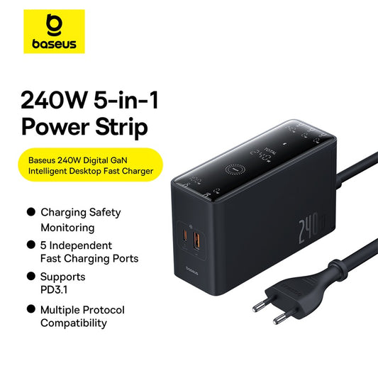 Baseus Chargeur 240W – 3x USB-C + 1x USB-A + 1x DC + Câble 1m (Noir - P10163901113-00)