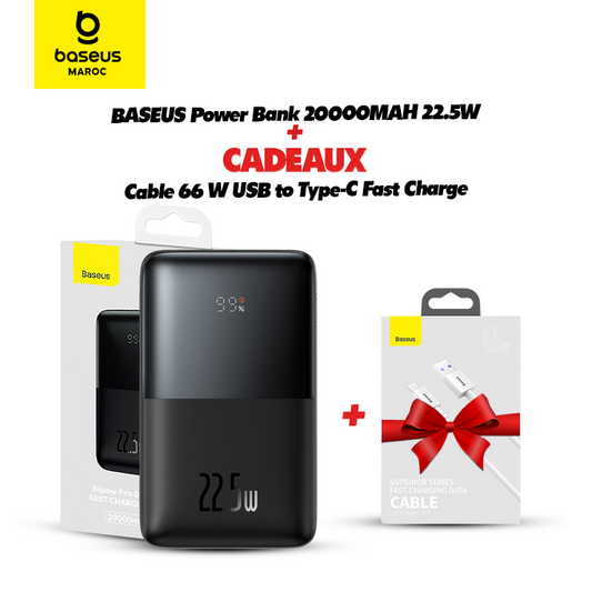 BEST OFFRE🔥 = Power bank Baseus  20000mAh USB Type-C 22.5W Noir  – PPBD040301  = 🎁 Baseus Cable USB to Type-C 66W 2m White fast charge -CATYS-A02  🎁