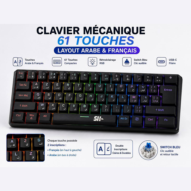 sh x61 Clavier Mécanique Filaire 61 Touches RGB