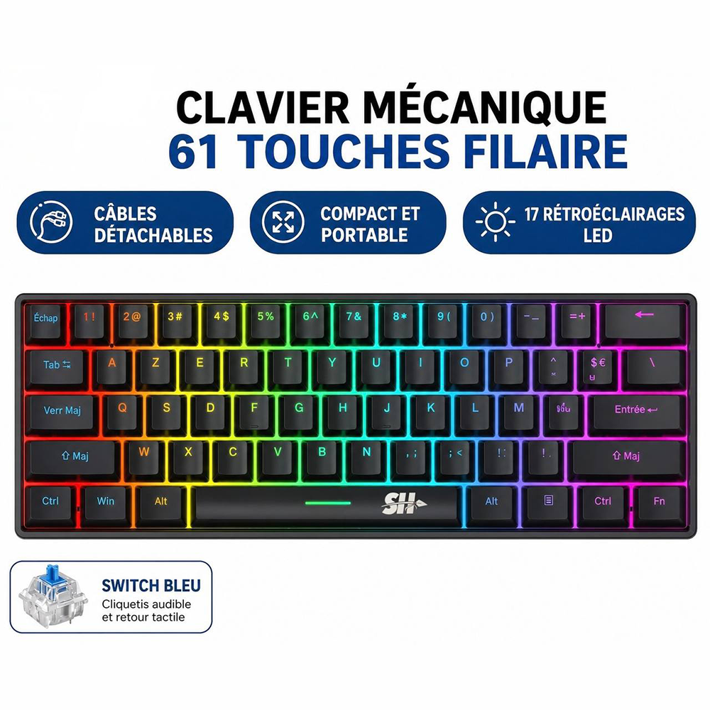 sh x61 Clavier Mécanique Filaire 61 Touches RGB – Switch Bleu