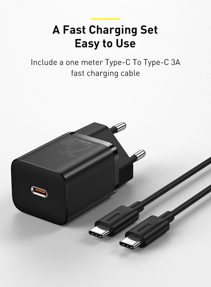 Baseus Ensemble de charge AC 1C / câble Type-C vers Type-C 3A 1m, 25W, noir -TZCCSUP-L01