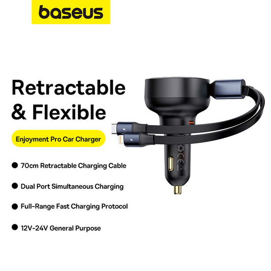 Baseus Enjoyment Pro Chargeur Voiture 55W avec Câbles iPhone Rétractables et Port USB‑C-C00057803111‑00