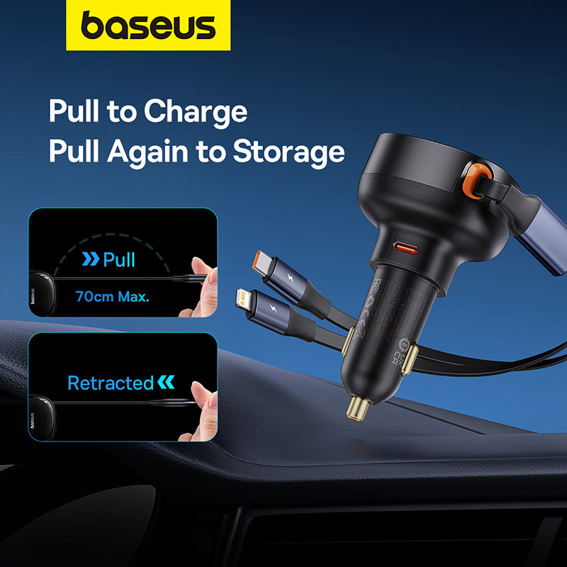 Baseus Enjoyment Pro Chargeur Voiture 55W avec Câbles iPhone Rétractables et Port USB‑C-C00057803111‑00