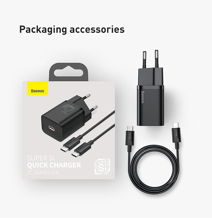 Baseus Ensemble de charge AC 1C / câble Type-C vers Type-C 3A 1m, 25W, noir -TZCCSUP-L01