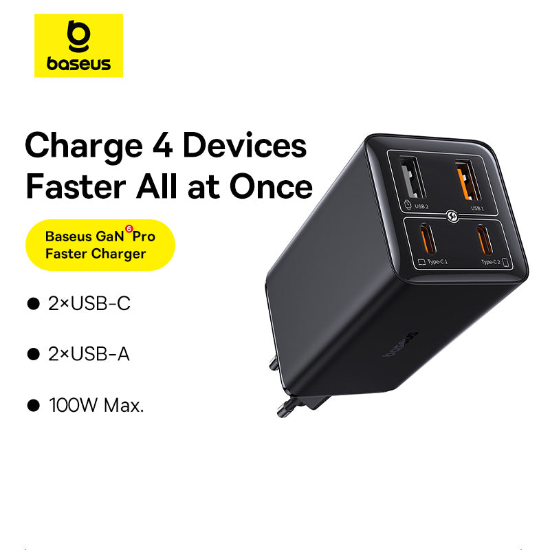 Baseus Chargeur Mural 100W – 2x USB + 2x USB-C avec Câble Type-C 100W (1m) – Noir (P10162705112-00)