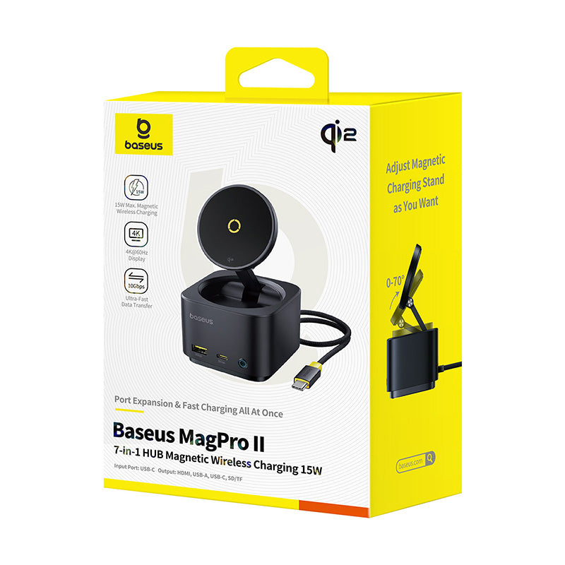 Baseus MagPro Series II 7-in-1 USB-C Hub with 15W Qi2 Wireless Charger, 4K@60Hz HDMI, 100W PD, 10Gbps Ports, SD Card Reader - b00072900121-00