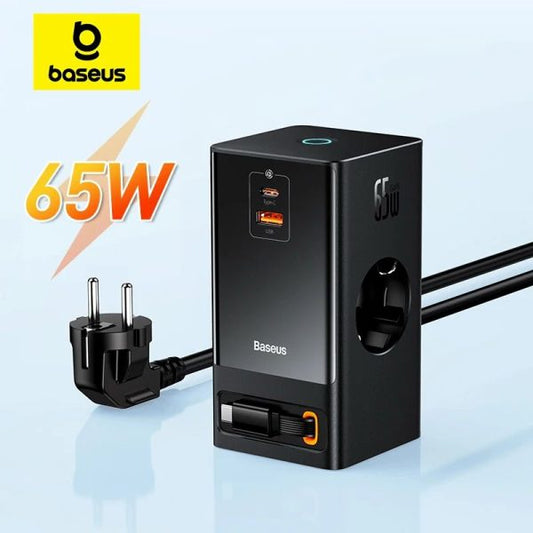 Chargeur Baseus  2AC+1U+1C+Retractable-C 65W with 1.5m EU Black-pslr000301