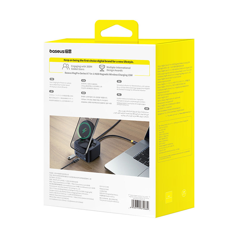Baseus MagPro Series II 7-in-1 USB-C Hub with 15W Qi2 Wireless Charger, 4K@60Hz HDMI, 100W PD, 10Gbps Ports, SD Card Reader - b00072900121-00