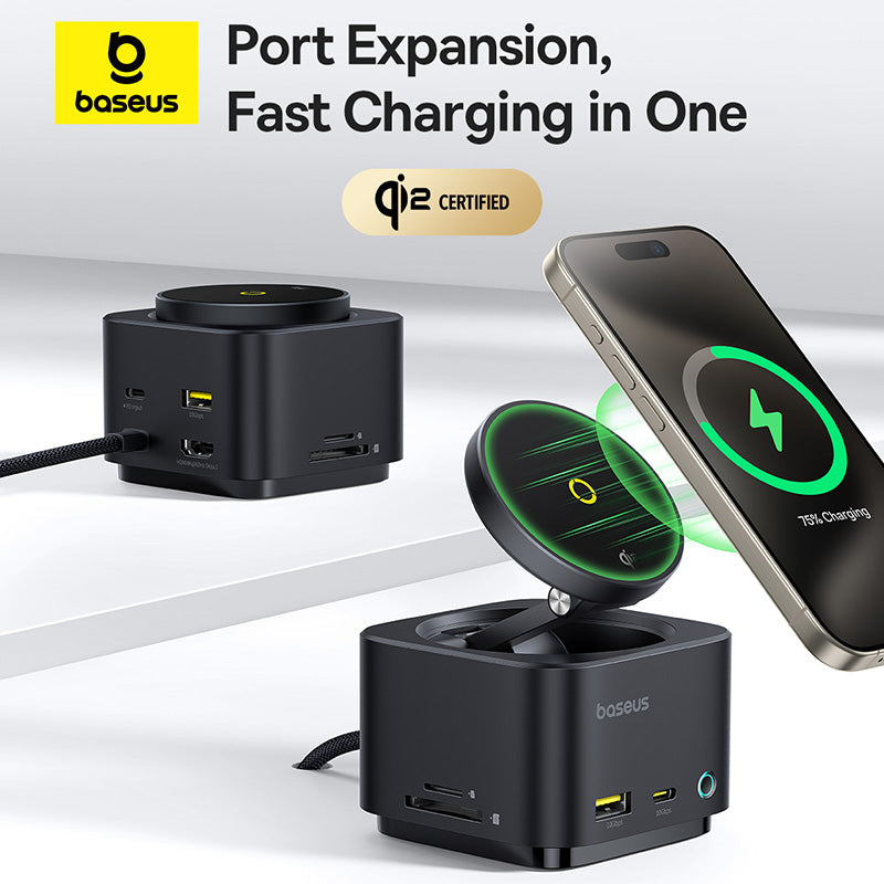 Baseus MagPro Series II 7-in-1 USB-C Hub with 15W Qi2 Wireless Charger, 4K@60Hz HDMI, 100W PD, 10Gbps Ports, SD Card Reader - b00072900121-00