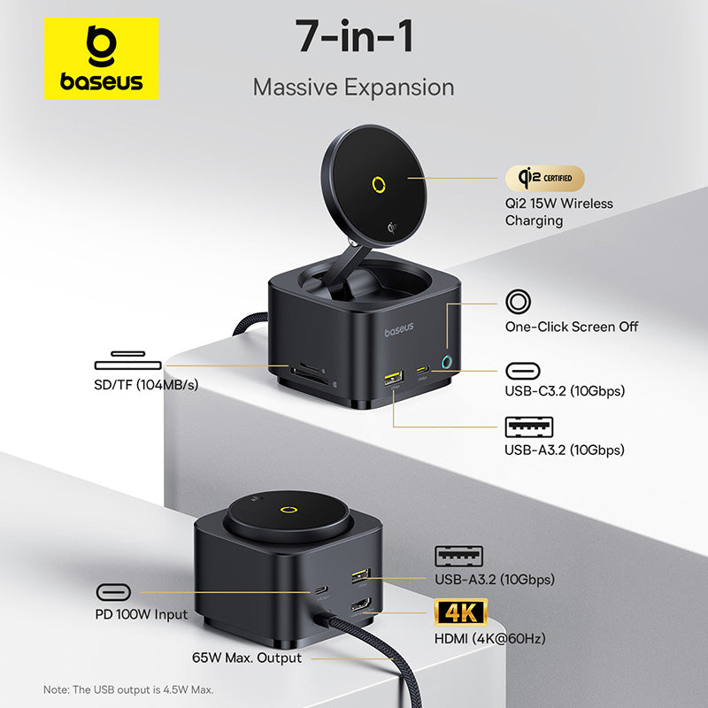 Baseus MagPro Series II 7-in-1 USB-C Hub with 15W Qi2 Wireless Charger, 4K@60Hz HDMI, 100W PD, 10Gbps Ports, SD Card Reader - b00072900121-00