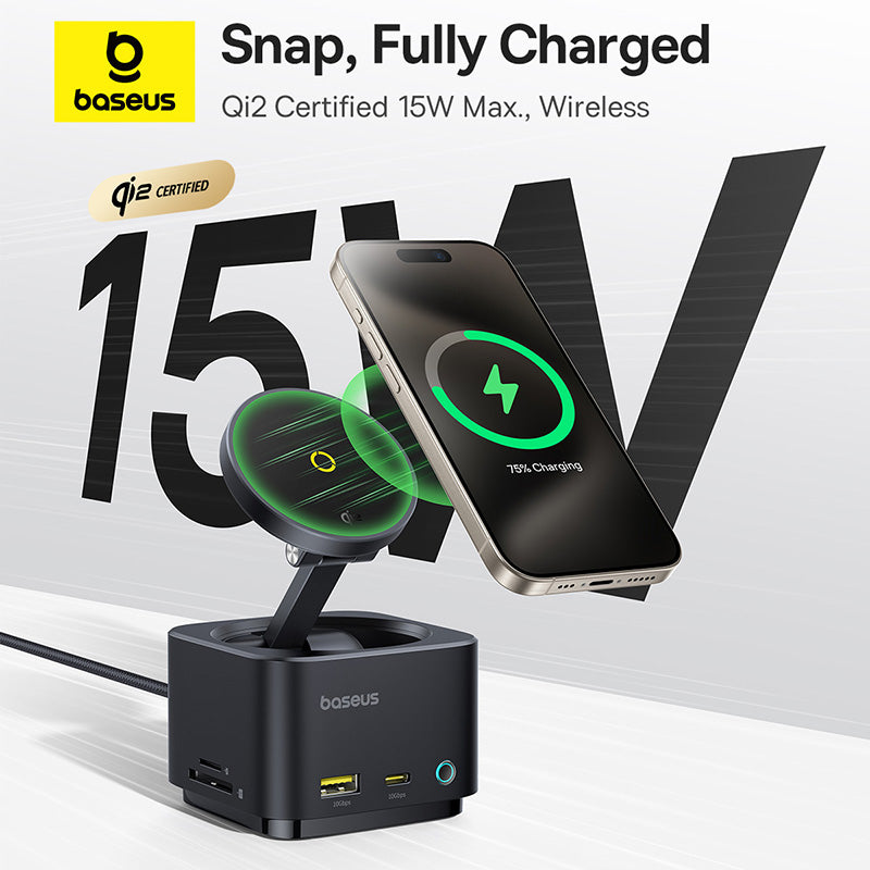 Baseus MagPro Series II 7-in-1 USB-C Hub with 15W Qi2 Wireless Charger, 4K@60Hz HDMI, 100W PD, 10Gbps Ports, SD Card Reader - b00072900121-00