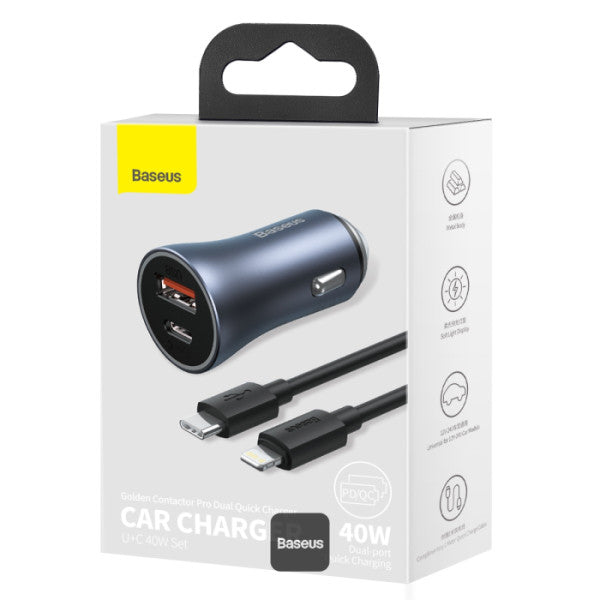 Baseus Golden Contactor Pro Double chargeur rapide chargeur de voiture USB-A + Type-C 40 W - TZCCJD-B0G