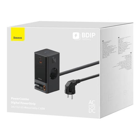 Chargeur Baseus  2AC+1U+1C+Retractable-C 65W with 1.5m EU Black-pslr000301