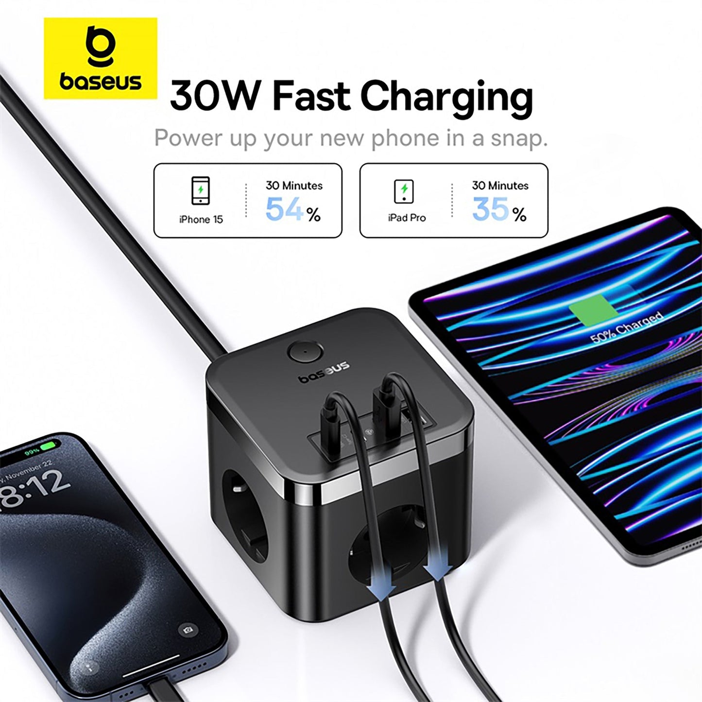 Chargeur Baseus Chargeur mural PowerCombo 3AC+2U+2C 30W, 1,5m (noir) - E00066400117-00