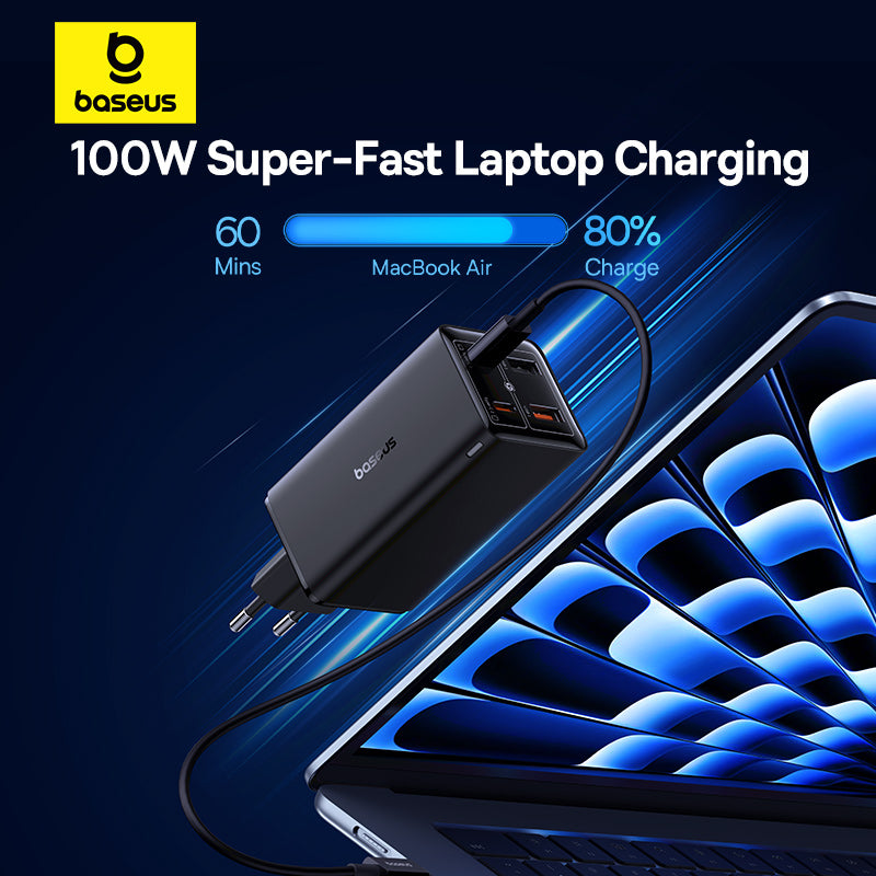 Baseus Chargeur Mural 100W – 2x USB + 2x USB-C avec Câble Type-C 100W (1m) – Noir (P10162705112-00)
