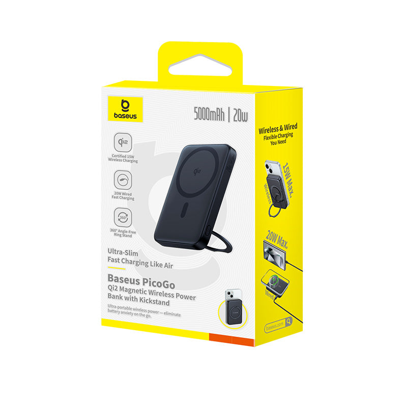 Baseus Power Bank Magnétique ( PicoGo ) Qi2 5000mAh 20W avec Support Rotatif – Noir – (P10076802123-00)